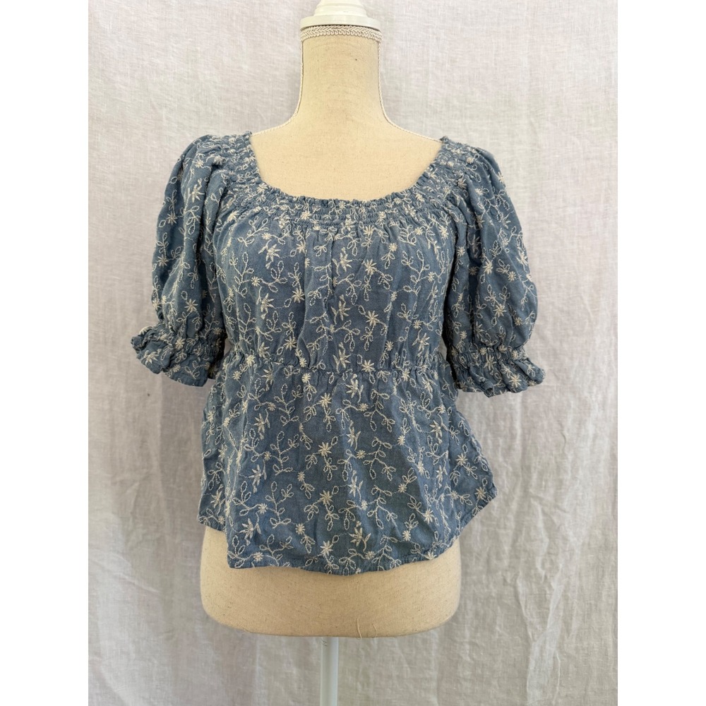 Old Navy Blouse Embroidered-Print Puff-Sleeve Babydoll Floral Smocked XS